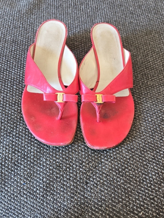 Salvatore Ferragamo Shoes - Salvatore Ferragamo Red Slide Sandals with Bow and Gold Emblem